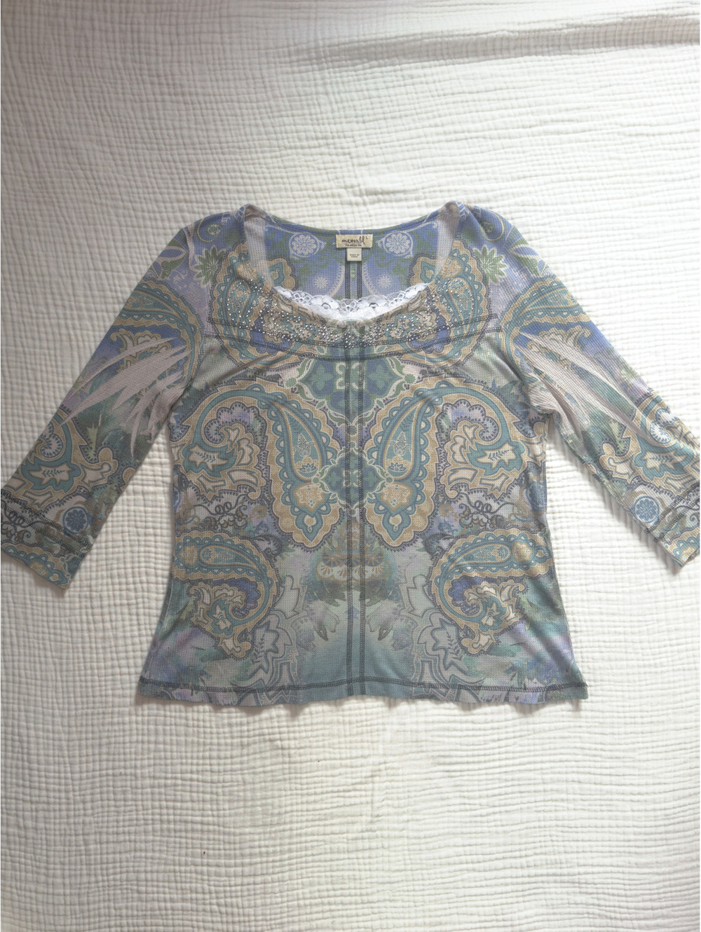 Y2K One World Women’s L Paisley Rhinestone Lace Layered Long Sleeve Top